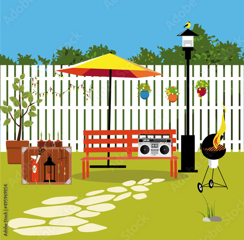 Cozy decorated backyard with a bench, barbeque and gardening tools, EPS 8 vector illustration
