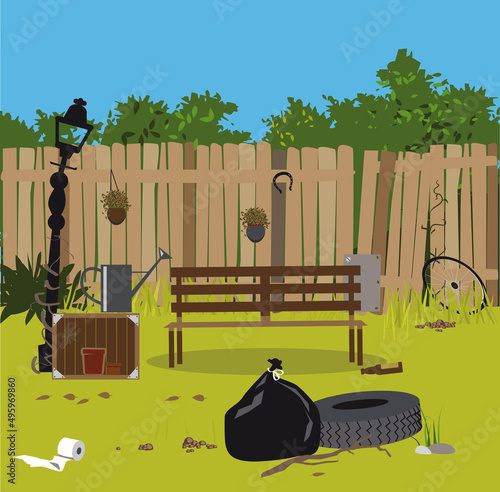 Neglected backyard in need for renovation and makeover, EPS 8 vector illustration