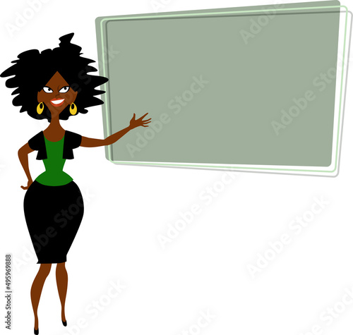 Female employee speaks at the presentation, EPS 8 vector illustration