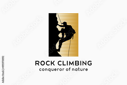 Rock climbing logo design, silhouette of people climbing rock in a box