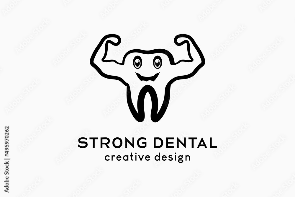 Dental care logo design with hand drawn concept, tooth icon in line art with muscular hands Dental care logo design with hand drawn concept, tooth icon in line art with muscular hands
