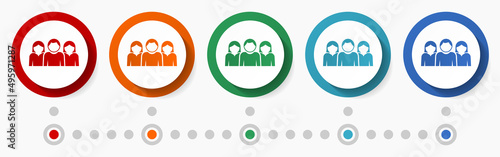 People, group, tean concept vector icon set, flat design colorful buttons, infographic template in 5 color options