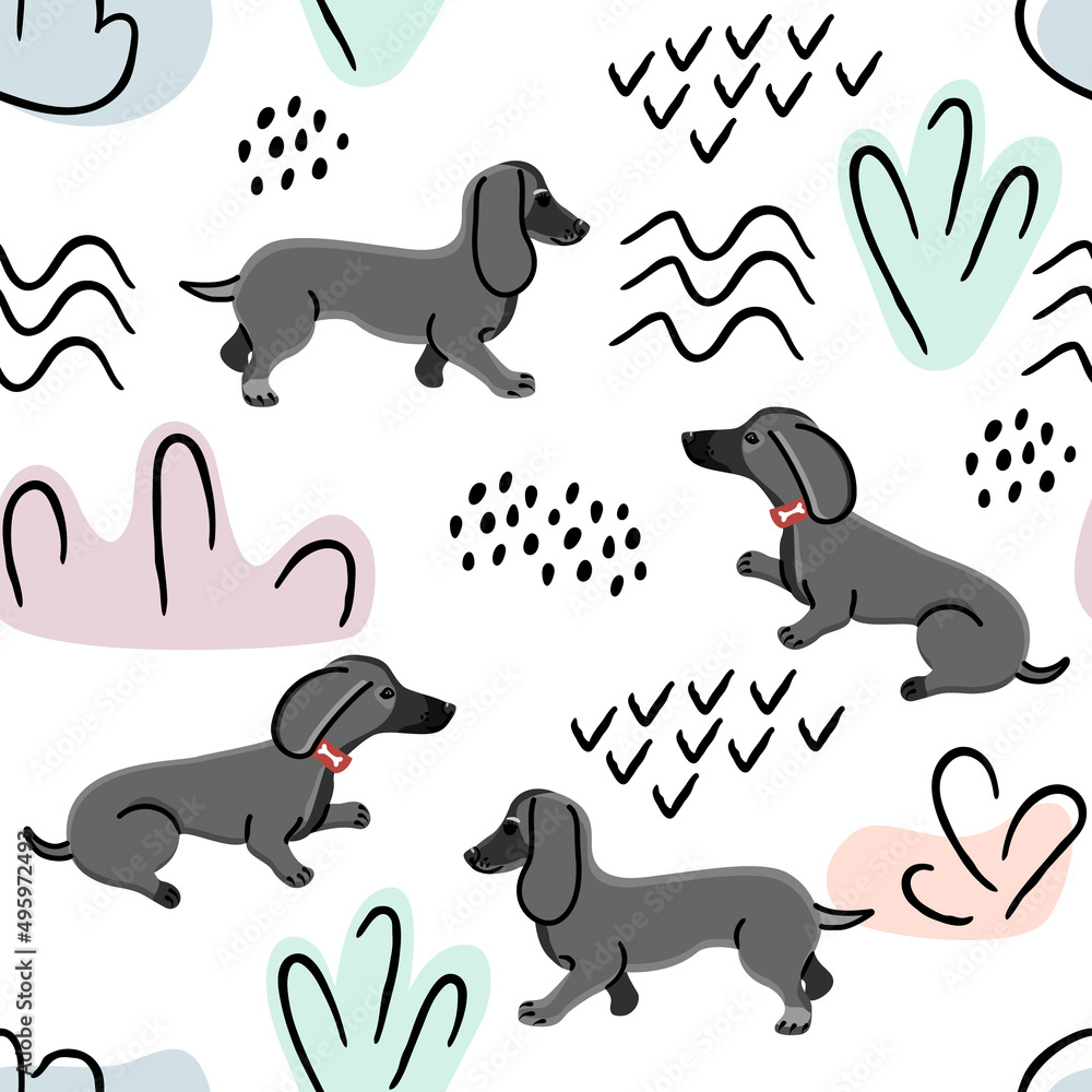 Seamless pattern with dachshund dogs in cartoon and abstract shapes.Childish background and texture with animal characters for printing on fabrics and paper.Hand drawn vector isolated illustration.