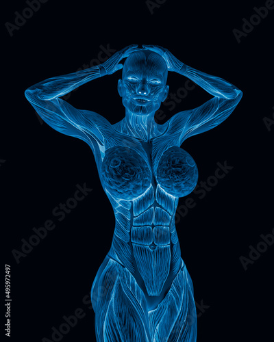 female bodybuilding in muscle maps is doing a bodybuilder pose two in white background close up view