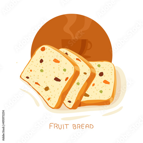 Bread, bakery icon, sliced fresh tutti frutti fruit bread with tea isolated on white background photo