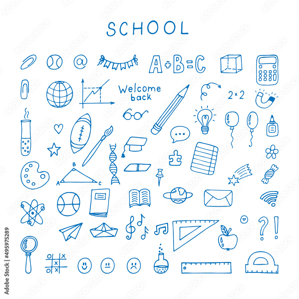 Back to school. Hand drawn doodle set of school objects and symbols. Sketchy elements. Education Back to school. Hand drawn doodle set of school objects and symbols. Sketchy elements. Education