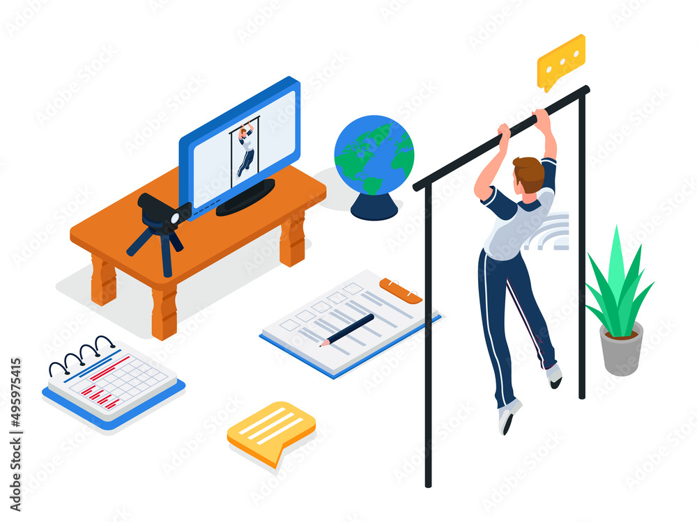 Male student recording himself when doing pull up exercise. isometric e-learning illustration concept. Sale doing exercise in front of camera device. Vector Male student recording himself when doing pull up exercise. isometric e-learning illustration concept. Sale doing exercise in front of camera device. Vector