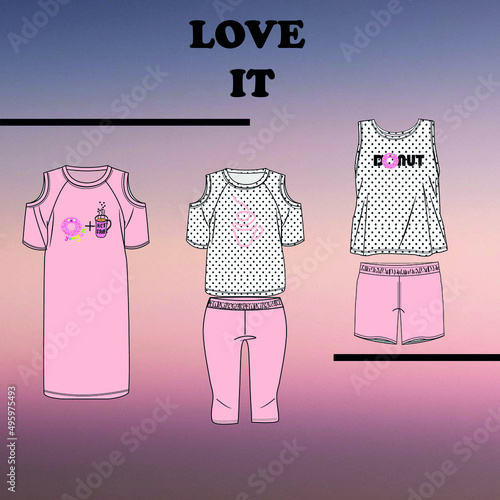 teen age pajamas technical drawing , set of homewear sketch