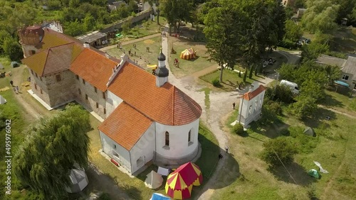 Aerial to Starokostiantyniv castle is a Volhynian castle built at the confluence of the Sluch and Ikopot rivers by Konstantyn Ostrogski, Ukraine