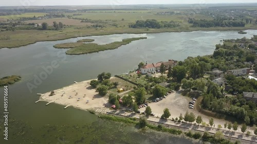 Aerial to Starokostiantyniv castle is a Volhynian castle built at the confluence of the Sluch and Ikopot rivers by Konstantyn Ostrogski, Ukraine