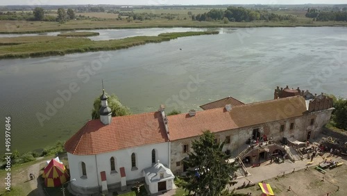 Aerial to Starokostiantyniv castle is a Volhynian castle built at the confluence of the Sluch and Ikopot rivers by Konstantyn Ostrogski, Ukraine