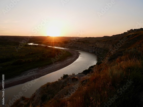 Little Missouri River seen from Riverbend Overlook at sunset. Theodore Roosevelt National Park, North Dakota, USA.