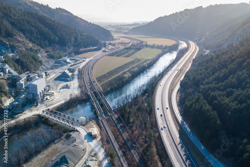 Aerial view S36 Schnellstrasse and the river Mur and a railway of the OEBB