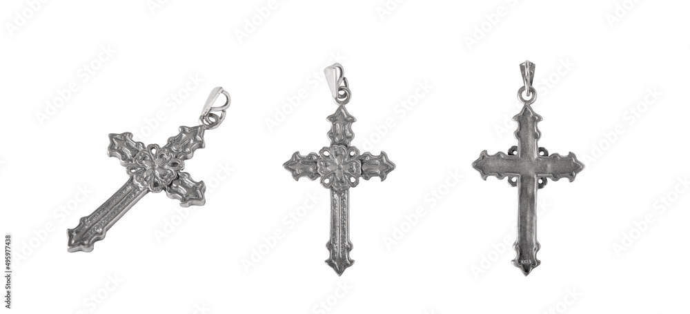 Set of a Silver crucifix necklace cross isolated on white background.