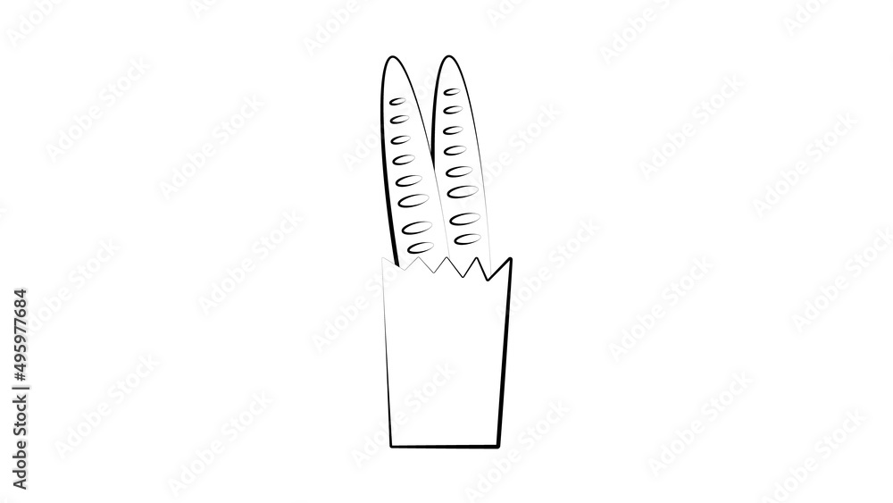 bag with a baguette on a white background, illustration. baguette in a paper bag, bakery food. mouth-watering products. unhealthy food. vegetable loaf bag with a baguette on a white background, illustration. baguette in a paper bag, bakery food. mouth-watering products. unhealthy food. vegetable loaf