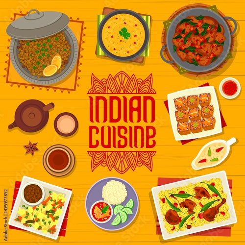 Indian cuisine restaurant meals and drinks menu cover. Masoor Dal lentil soup, chicken Biryani and gravy, pumpkin ginger cake, lamb and spinach Saag Gosht, pork and lentil curry, masala tea vector