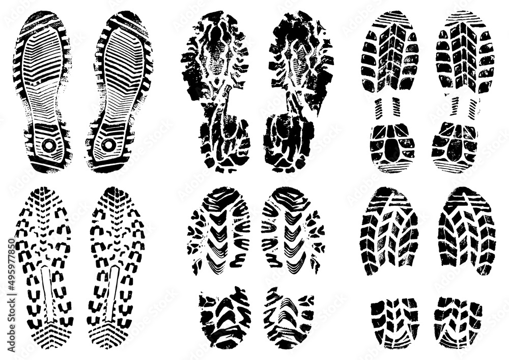 Set of scanned and converted into vector images double footprints stamped with black ink Set of scanned and converted into vector images double footprints stamped with black ink