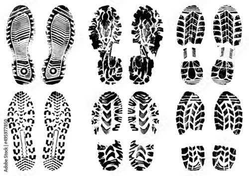 Set of scanned and converted into vector images double footprints stamped with black ink