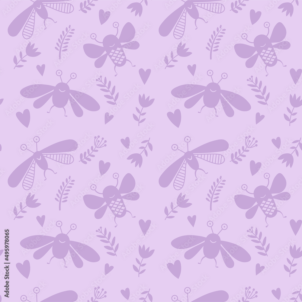 Funny creatures look like bugs and flies vector insects with floral elements on pink