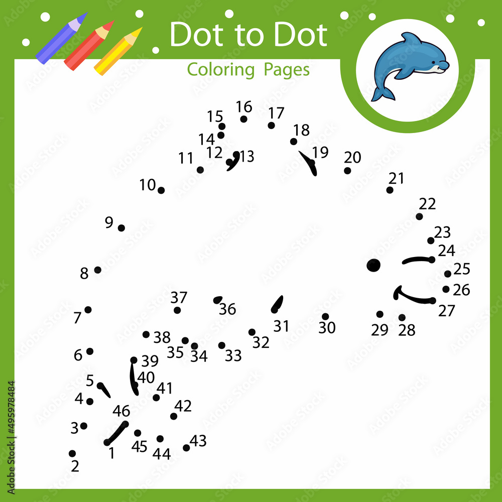 Dot To Dot Connect Drawn Of Cute Dolphin. Children Game, Activity Page 