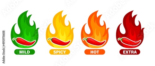 Hot spicy level labels. Pepper chili, cayenne or jalapeno vector labels with fire flames of red, green, orange and yellow colors. Extra, spicy, hot and mild strength savory food isolated icons