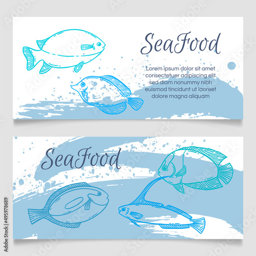 Seafood restaurant menu template, hand drawn fish vector illustration mockup