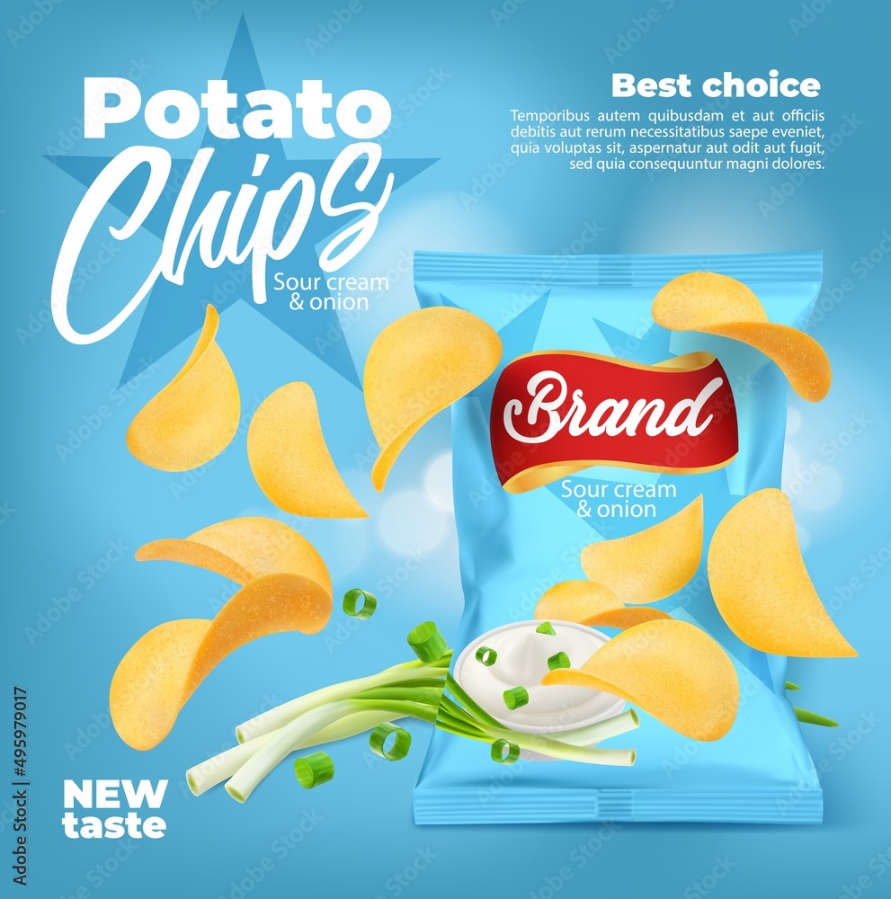 Realistic sour cream and onion flavored potato chips, vector snack food