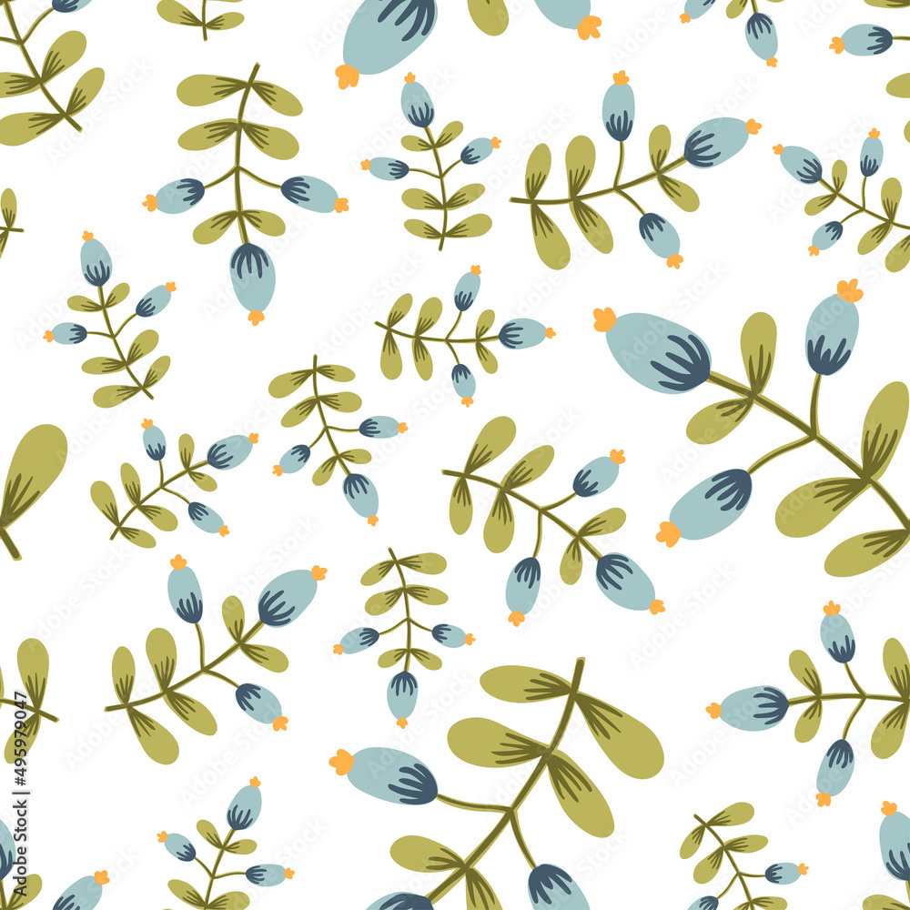 Oriental mystic motif branches with stylized ornamental flowers and berries in folk vintage style inspired by northern mythology, fairy tales seamless pattern. Vector flat cartoon texture background