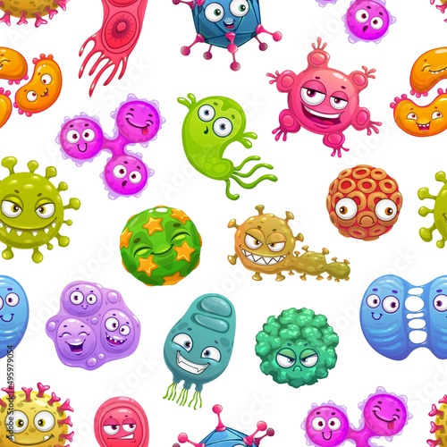 Cartoon funny viruses, microbes, germs and bacteria seamless pattern. Cute microorganism and bacterium characters vector background of microbiology design, microscopic cells and pathogens of diseases