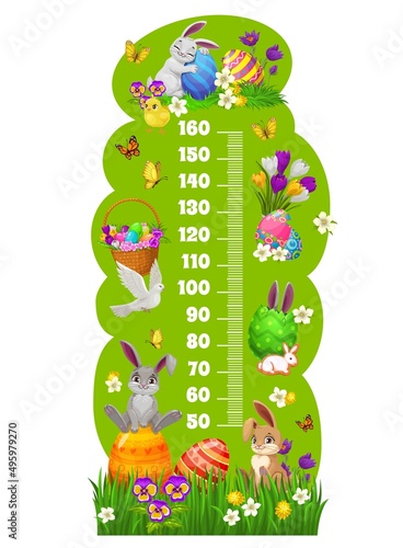 Kids height chart, Easter bunnies and eggs growth measure meter. Vector children stadiometer with ruler scale and funny cartoon rabbits, spring flowers, butterflies, chick and green grass blades