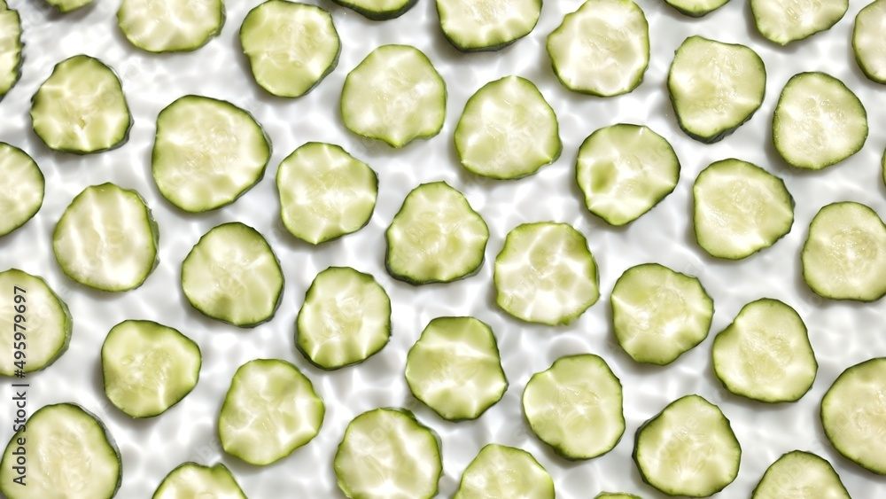 Water ripples over cucumber slices on white background | Background shot for cosmetics and beauty products Water ripples over cucumber slices on white background | Background shot for cosmetics and beauty products