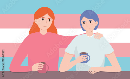 Teen does coming out as a non-binary transgender person. A mother supports her child in the decision to change gender. Vector flat illustration. Parental acceptance of their child's worldview