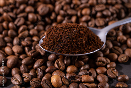 a spoonful of ground coffee on a background of beans
