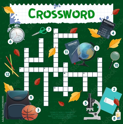 School items and stationery crossword grid worksheet. Find a word quiz game, children educational riddle or vocabulary playing activity. School child vector intellectual text game with stationery