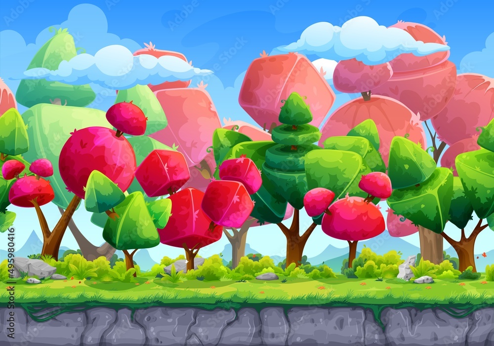 Cartoon fantasy game landscape scene with ground stones, forest trees and  mountains vector background. Candy land fantastic magic alien world planet  world landscape with fairytale trees and clouds Stock Vector | Adobe