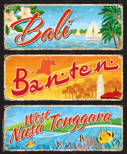 Bali, Banten, and West Nusa Tenggara indonesian travel plates and stickers. Indonesia province retro tin signs, Asian journey vector plate or postcard with seacoast landscape, Great Mosque of Banten