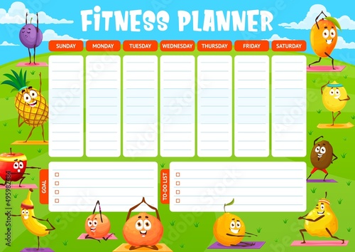 Cartoon fruits on yoga, fitness weekly planner schedule. Vector agenda calendar or workout timetable with training goals and to-do list, healthy apple, orange, mango, lemon and peach characters