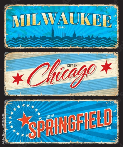 Chicago, Milwaukee and Springfield american cities plates and travel stickers. US city or town retro tin sign, grunge travel sticker or souvenir card. United States destination vintage vector plate