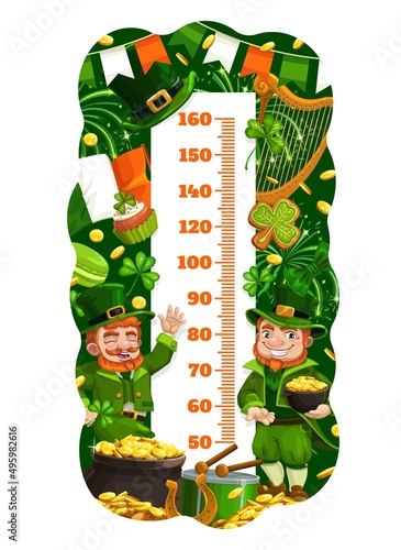 Kids height chart with cartoon leprechauns and gold, vector growth measure. Kids height measuring meter baby tall scale with Irish Patrick day leprechauns, gold coins, Ireland flags and candies