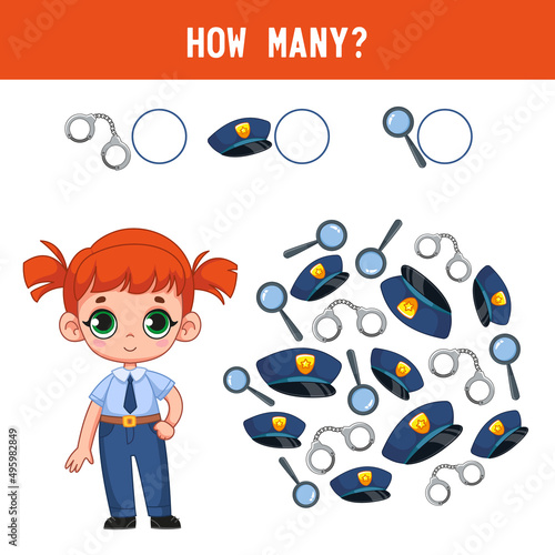 How many handcuffs, caps, and magnifying glasses does a cute little police girl have? Cartoon color vector illustration. Math task for children, counting