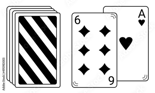 Hand drawn deck of cards and two cards. Board game for a pleasant pastime. 