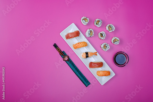 sushi and niguiri portion with accessories various compositions