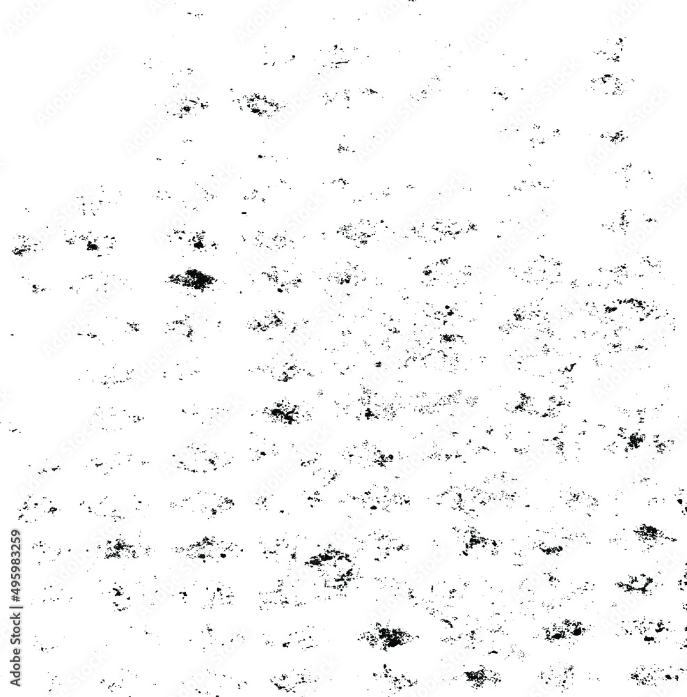 Small uneven spots and particles of debris. Abstract vector texture. Distressed uneven background. Grunge texture overlay with fine grains isolated on white background. Vector illustration. EPS10.