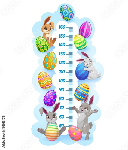 Easter bunnies and eggs. Kids height chart, growth measure meter. Vector wall sticker for children height measurement with cute cartoon rabbits characters, colorful painted eggs and stadiometer scale