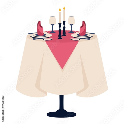 Beautiful romantic dinner. Romantic setting. Reserved table for two with white tablecloth, cutlery, glasses for wine, candles, candlesticks, napkins, plates, cutlery, fork. Vector cartoon illustration