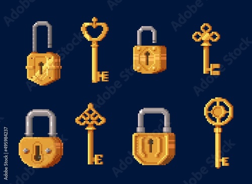 Game assets of golden keys and padlocks, pixel art 8bit door lock and key vector icons. 8 bit pixel game GUI assets of keys and locks for locker code access, entrance pass or level password unlock