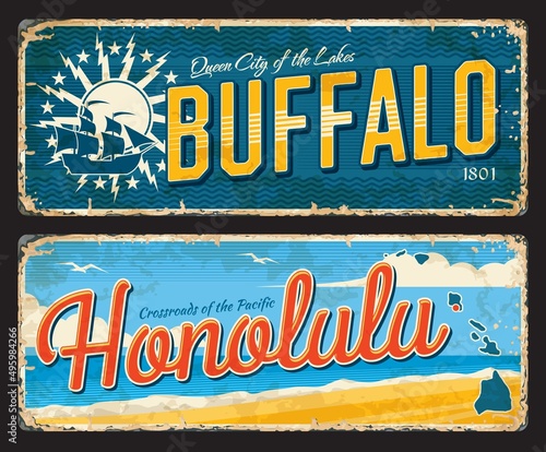 Buffalo, Honolulu american cities plates and travel stickers. American journey tin sign, USA city grungy vector stickers or souvenir postcards. United States city plates with city seal or flag symbol