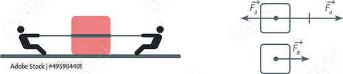 Isolated vector illustration of the resultant of two forces with opposite direction. Two people pulling a box.