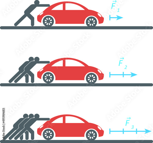 Isolated vector illustration of a men pushing a car. Representation of the result of the force applied to a body.