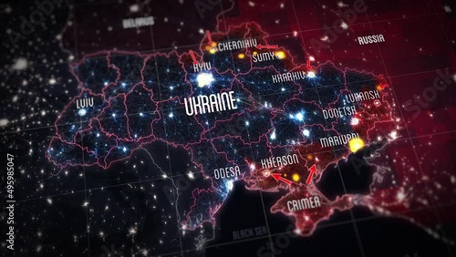 Animation of Map of the Russian Invasion of Ukraine. Russia Bombing Ukrainian Cities Mariupol, Kyiv. Terrorism. Genocide. Humanitarian Catastrophe. Hybrid War in Ukraine. NATO Close the Sky. Missiles photo
